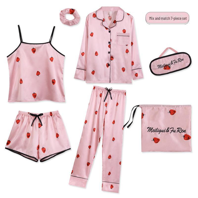 "Korean Striped Women's Seven-Piece Pajama Set for All Seasons"