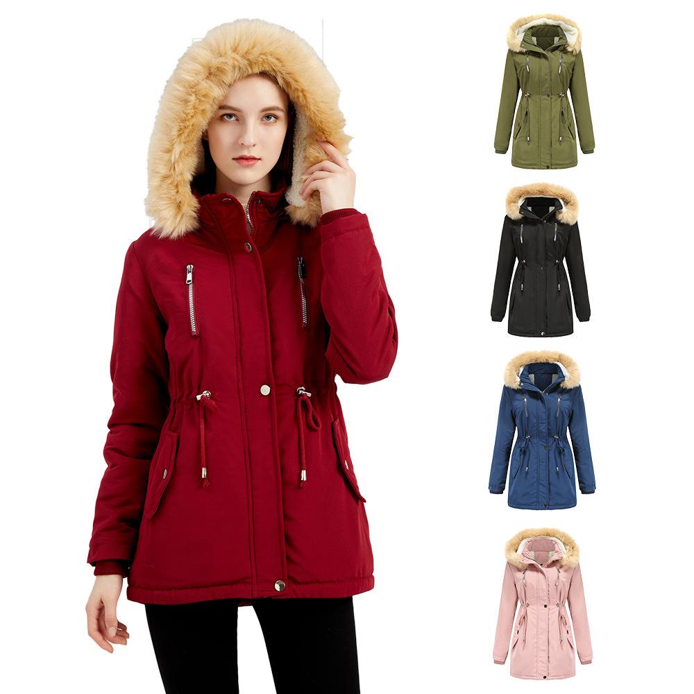 Autumn and Winter Women's Thickened Lambskin Cotton Coat Women's Loose Cotton Coat with Detachable Hood and Velvet Coat