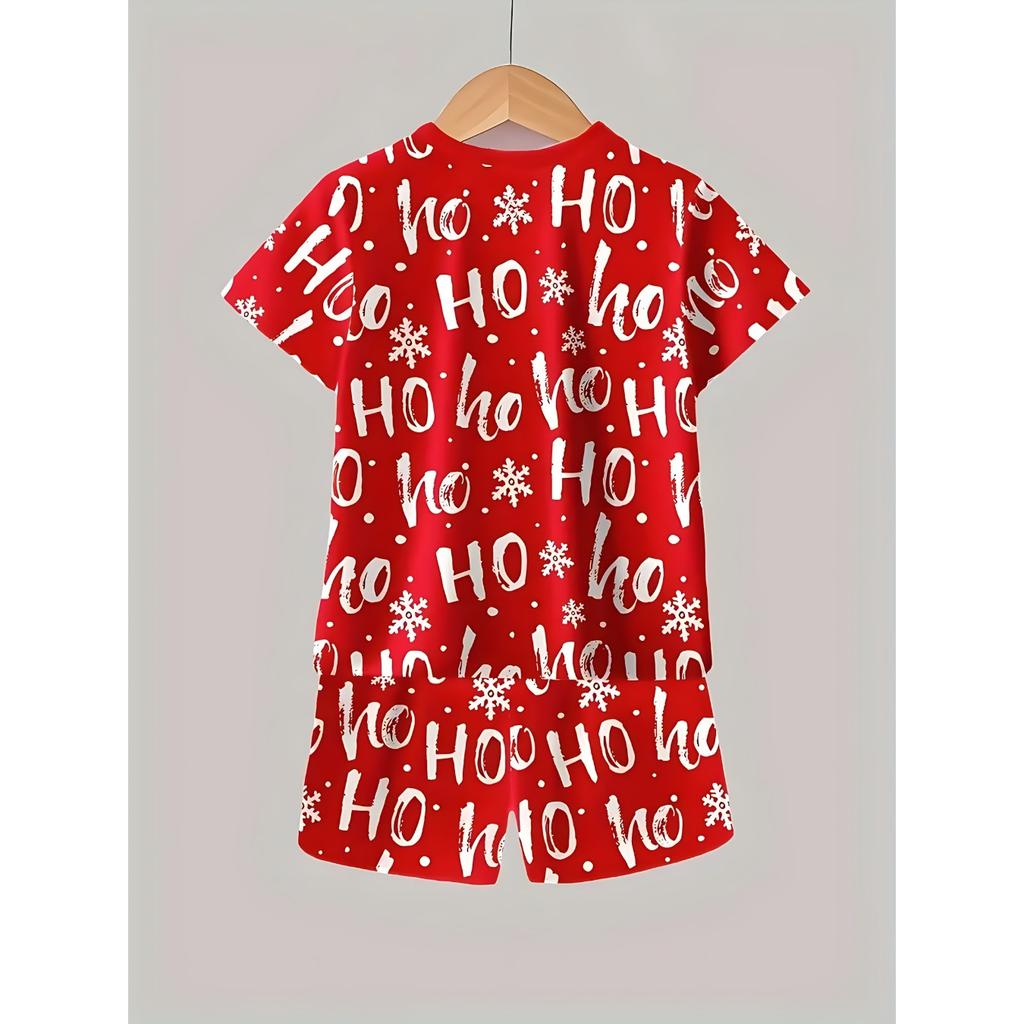 Комплект одежды для мальчиков на Рождество с 3D цифровой печатью - Красный Белый Принт Санта Снеговик Олень Футболка с коротким рукавом и шорты, Легкий полиэстер