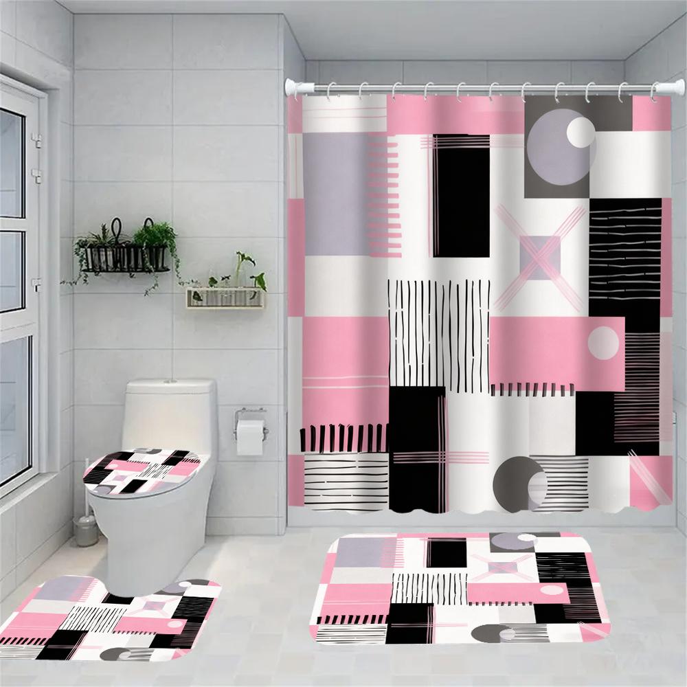 1/4 Geometric grid  print shower Curtains, Toilet Seat Decoration, Shower Curtain with Carpet and Toilet Lid, 70.8x70.8 inch