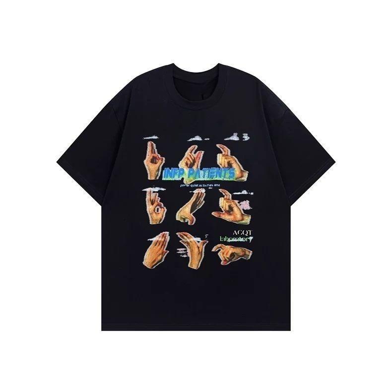 American Retro Funny Finger Printing Pure Cotton Men's and Women's Short-sleeved T-shirt Summer Loose Trend Top