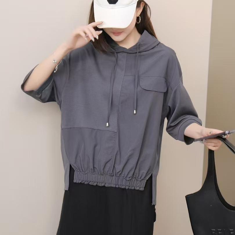 DIMANAF 2025 Летняя Толстовка с Капюшоном Большого Размера Однотонная Белая Футболка Женская с Коротким Рукавом Свободный Топ Футболки