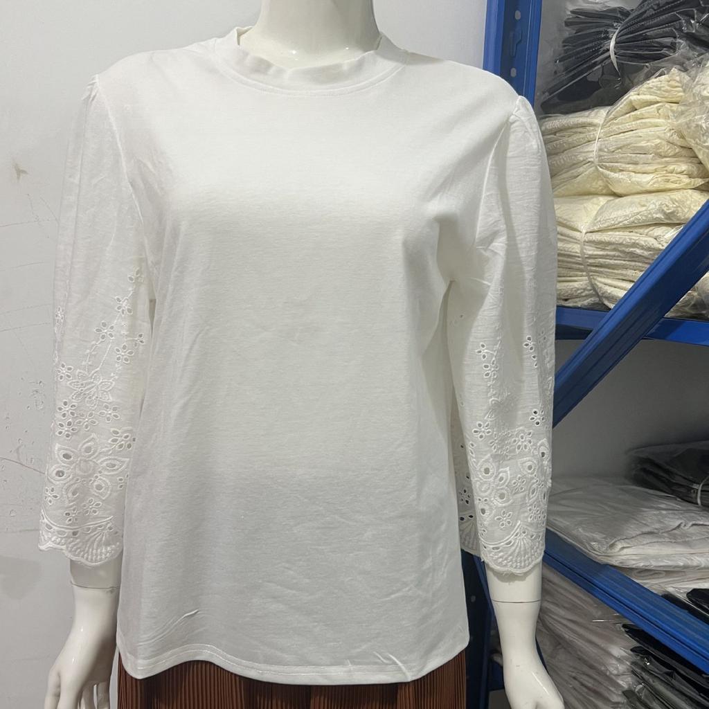 Хорошее качество летняя японская корейская вышивка ажурный пузырь средний рукав однотонная повседневная футболка для женщин