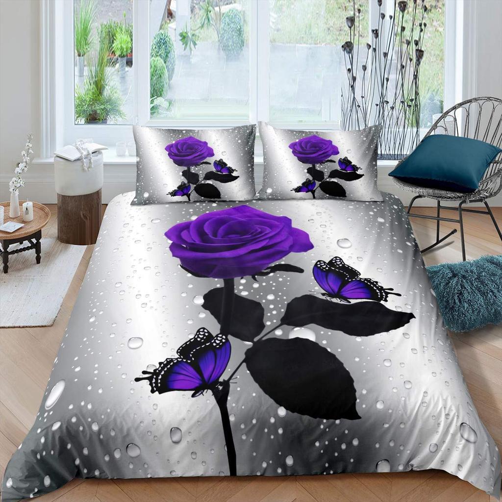 Purple Rose Duvet Cover Set Queen Size Romantic Flowers Bedding Set Valentine'S Day Floral Comforter Cover Lover Couple Gift