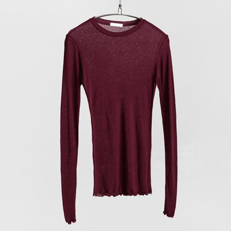 Весенняя повседневная футболка с длинным рукавом, новая тонкая женская однотонная базовая футболка, женская модная тонкая майка 2024, сексуальные футболки, блузка 60