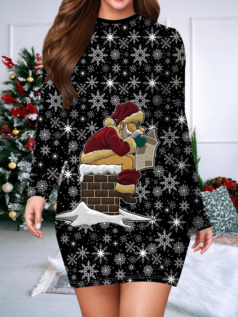 2025 Autumn and Winter New Women's Hip-wrapped Dress,3D Christmas Printing and Dyeing Women's Fashion Long-sleeved Round Neck Sexy Hip-wrapped Dress