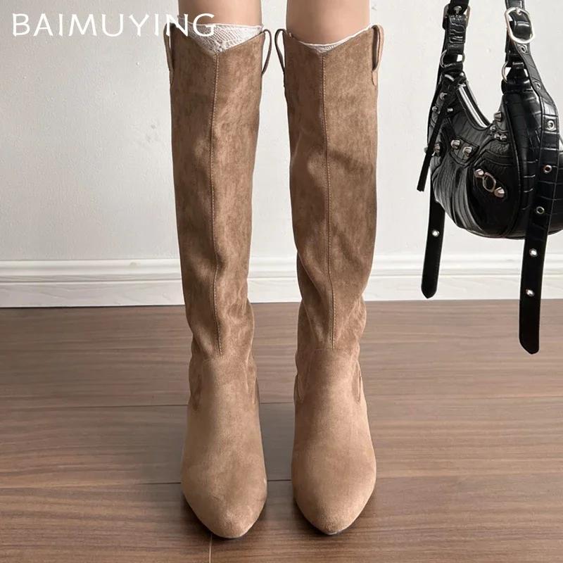 Замшевые женские высокие сапоги с острым носком на низком каблуке, сексуальная обувь для женщин, тренд 2025, зимняя мода, дизайнерское платье, элегантные Zapatos De Mujer