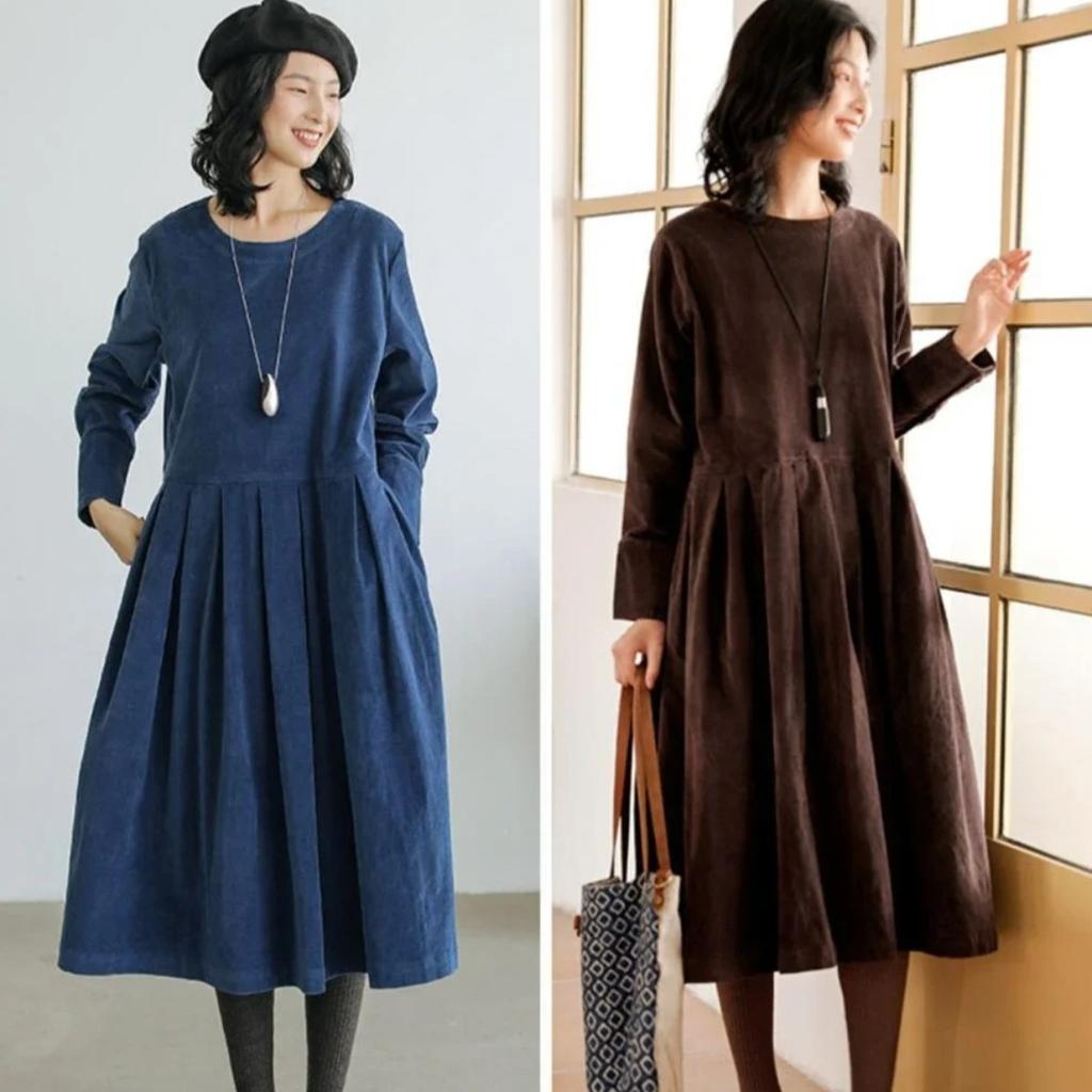LYRIA Dress for Women Autumn Winter Japanese Korean Fashion Loose Casual Corduroy Clothing Vintage Elegant Long Sleeve A-line Dress