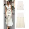 Knitted Pleats Patchwork Skirts Sets for Women 2 Pieces Button V-neck Vest Top Ankle-Length Skirt Lady Commuter Suit Elegant Temperament