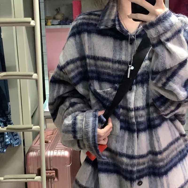 Autumn Artificial Wool Hooded Jacket Women Retro Korean Loose Stripes Casual Tops Harajuku Preppy All-Match Blends Outwear