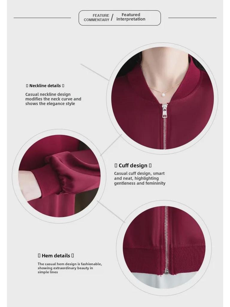 Весна 2024 Женская свободная бейсбольная куртка из ацетатного атласа - Повседневный короткий кардиган с длинными рукавами