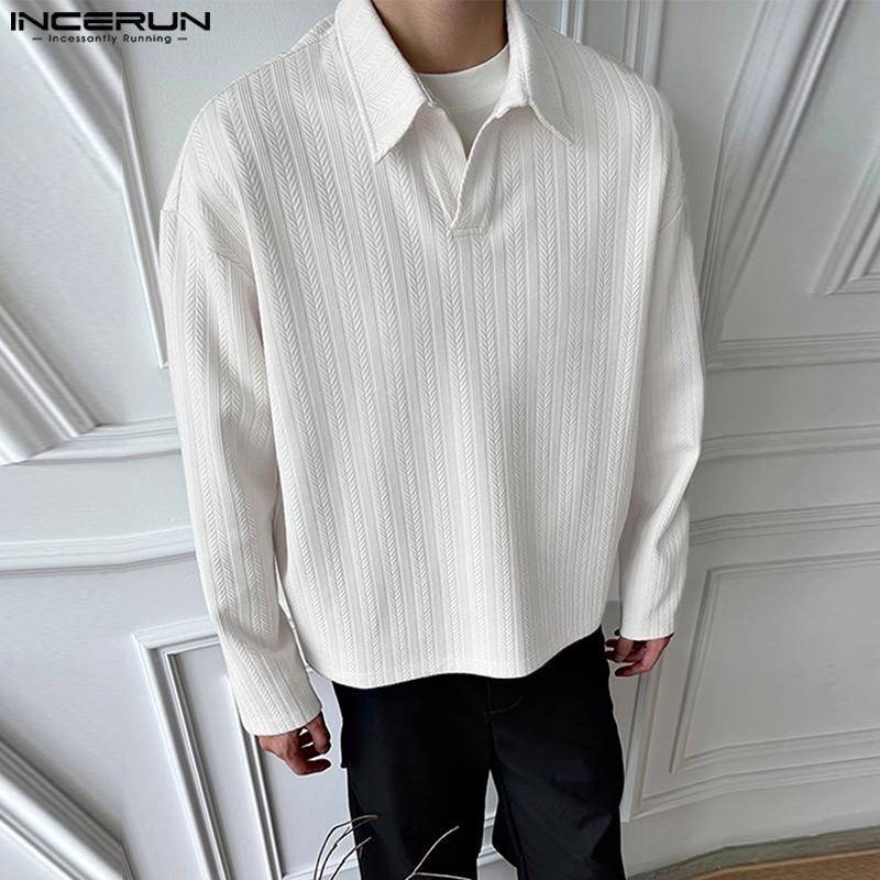 INCERUN Autumn Men Lapel Neck Long Sleeve Texture Pullover Tops