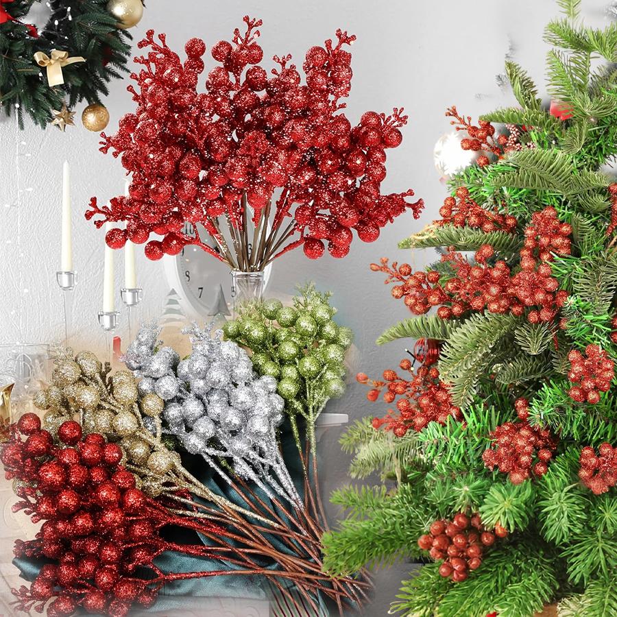 5-30Pcs 22cm Christmas Decoration Glitter Berrie Artificial Flower Bouquet Christmas Tree Ornaments for Home New Year 2026 Decor