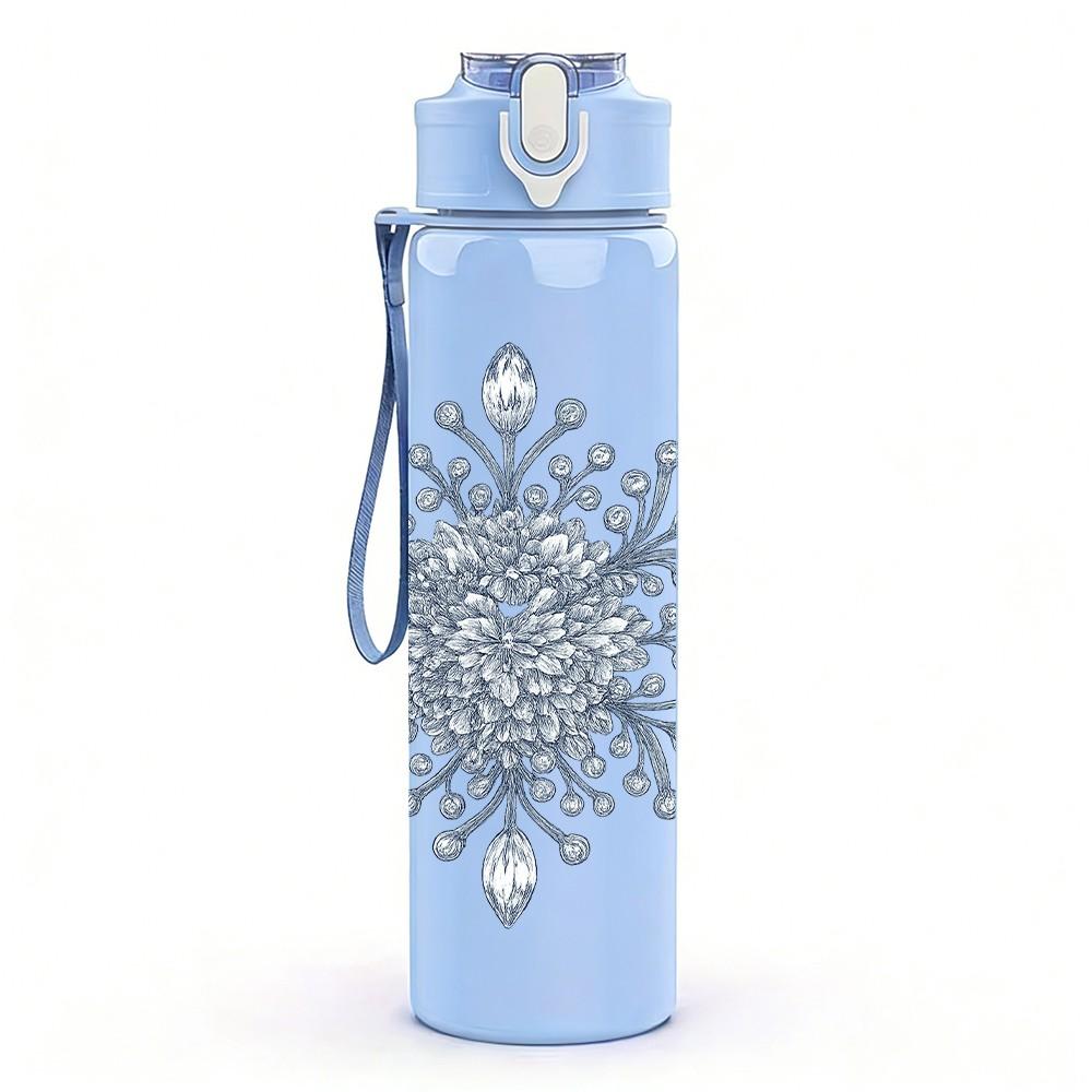1PC Snowflake Winter Frost Pattern Print 750ml Color Plastic Sports Water Bottle Leakproof Flip Straw Lid Suitable for Sports Office Home Use