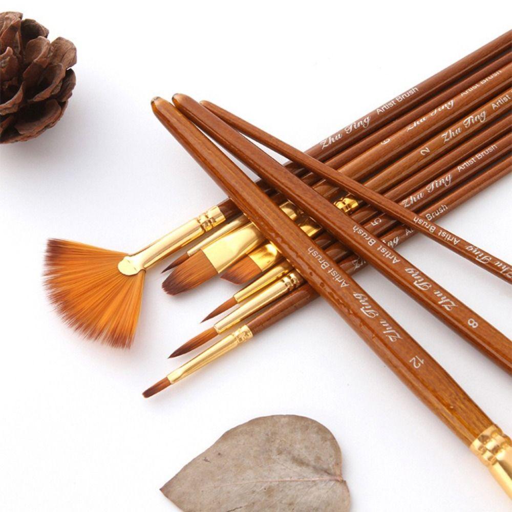 10Pcs/Set Nylon Bristles Watercolor Gouache Painting Pen Round Flat Angle Drawing Art Brush  Gouache
