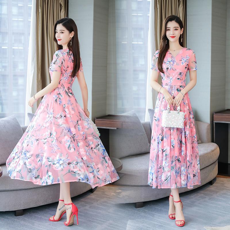 Korean Style V-neck Chiffon Floral Print Maxi Dress Beach Sundress for Women In Plus Sizes