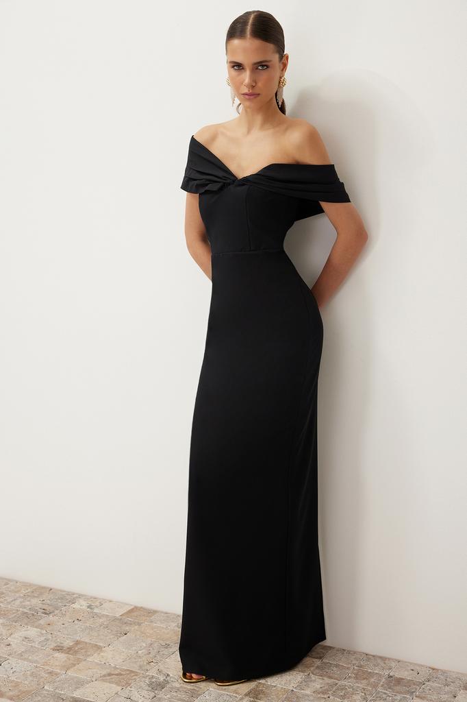 Women's Fashion New Evening Dress & Graduation Dress Black Fitted Asymmetrical Collar Poplin Detailed Long Evening Evening Dress