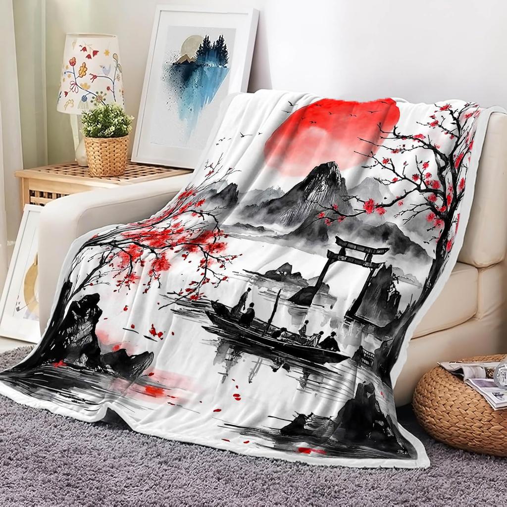GUOYU Blanket Japanese Cherry Blossom Blanket Asian Japanese Wave Kanagawa Throw Flannel Blankets for Couch  Bed Asian Anime Mount Red Sun