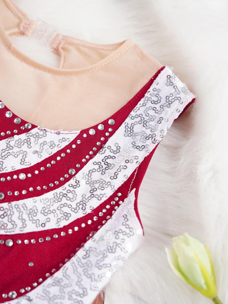 Детская танцевальная одежда с блестками и стразами для девочек, платье без рукавов с открытой спиной и косым подолом, платье для фигурного катания на коньках