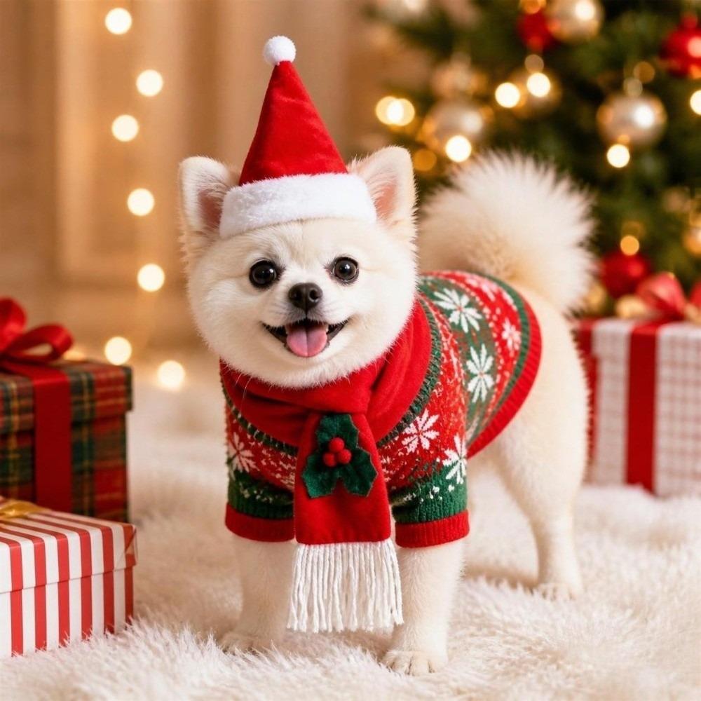 2Pcs/Set Christmas Dog Scarf Collar Warm Dog Bandana Scarf Cozy Pet Neck Warmer for Puppy Kitten