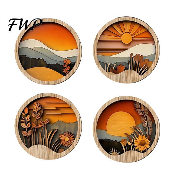 Retro Boho Wall Hanging 4 Pcs Art, Bohemian Sunset Mountain Plant Decor, Wooden Handmade Wood Art Round Circle Hollow Out Farmhouse Ornament
