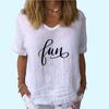 Women Fashion V Neck T-shirt Casual Cotton Linen Short Sleeve Top Ladies Pullover Print Blouse