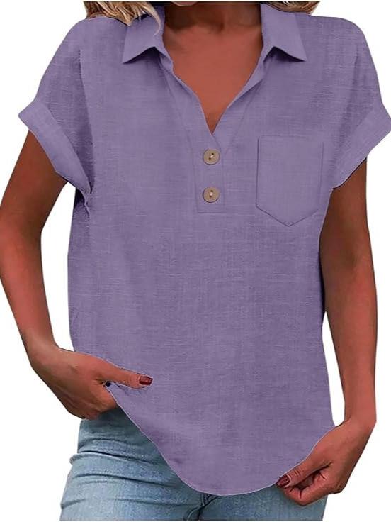 Европейская женская хлопково-льняная рубашка с коротким рукавом, отложным воротником и пуговицами
