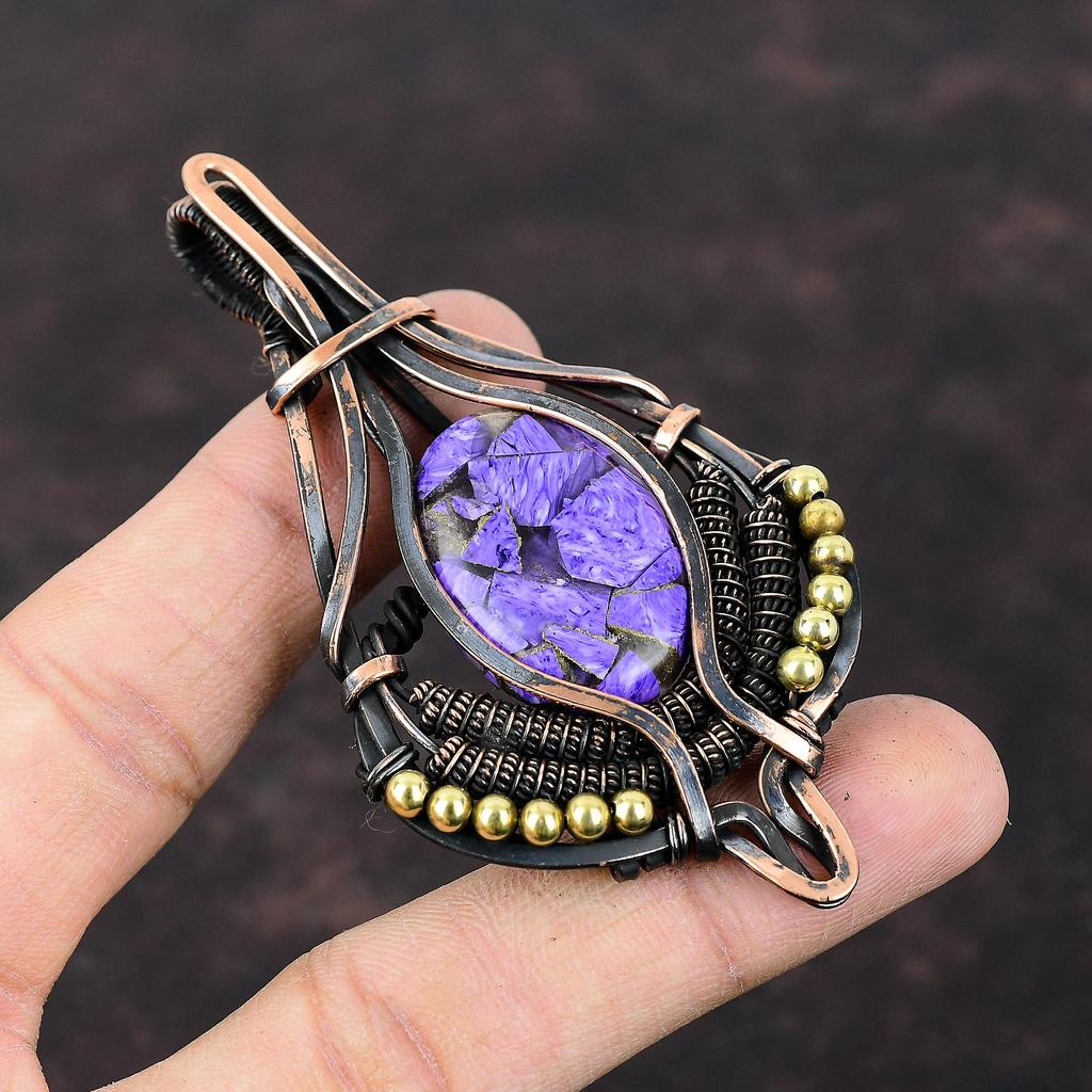 Медный кулон с чароитом, украшения, обмотанные медной проволокой, кулон с драгоценным камнем, кулон, обмотанный медной проволокой, украшения ручной работы, подарок для нее, дизайнерский кулон