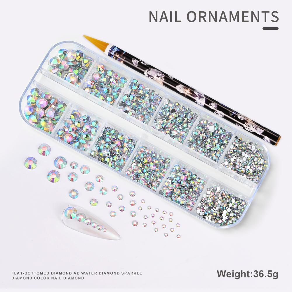 2pcs/Set Nail Art Rhinestones Kit 12Grids Flatback Crystal Clear AB Drills With Pen DIY Manicure Nail Art Decoration Accessories