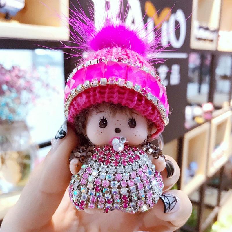 Crystal-studded Monchhichi Keychain Knit Hat Mink Pendant Arcade Prize Exchange Gift
