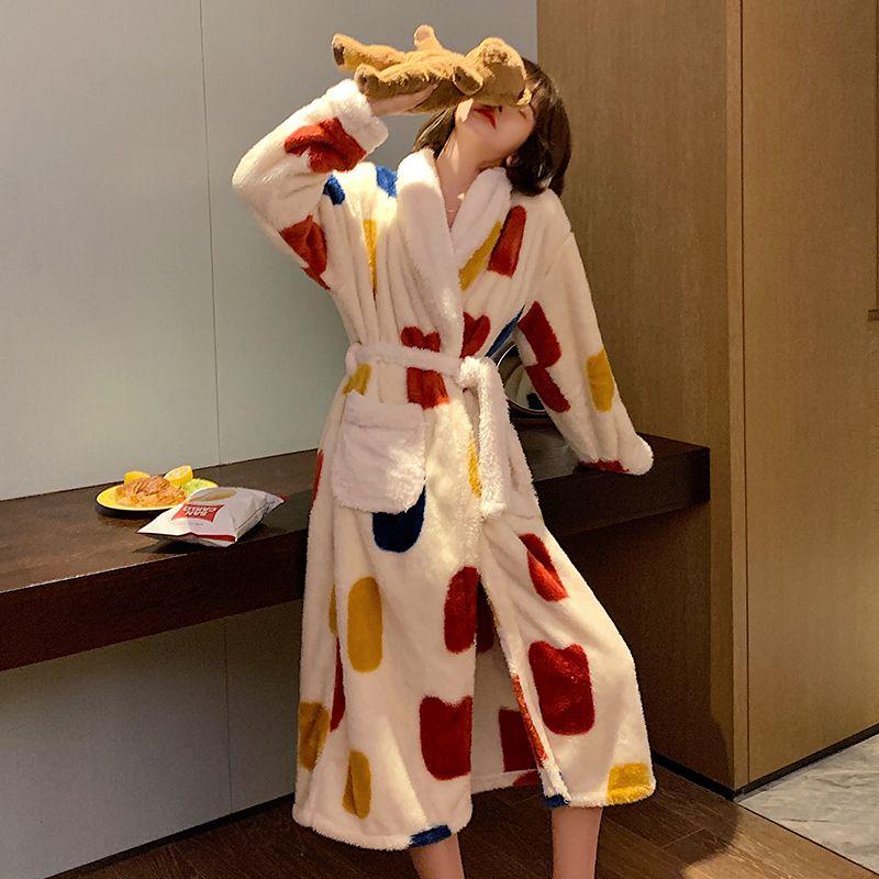 Коралловый флис ночная рубашка женская осенне-зимняя флисовая утолщенная фланелевая банный халат термопижама домашняя одежда