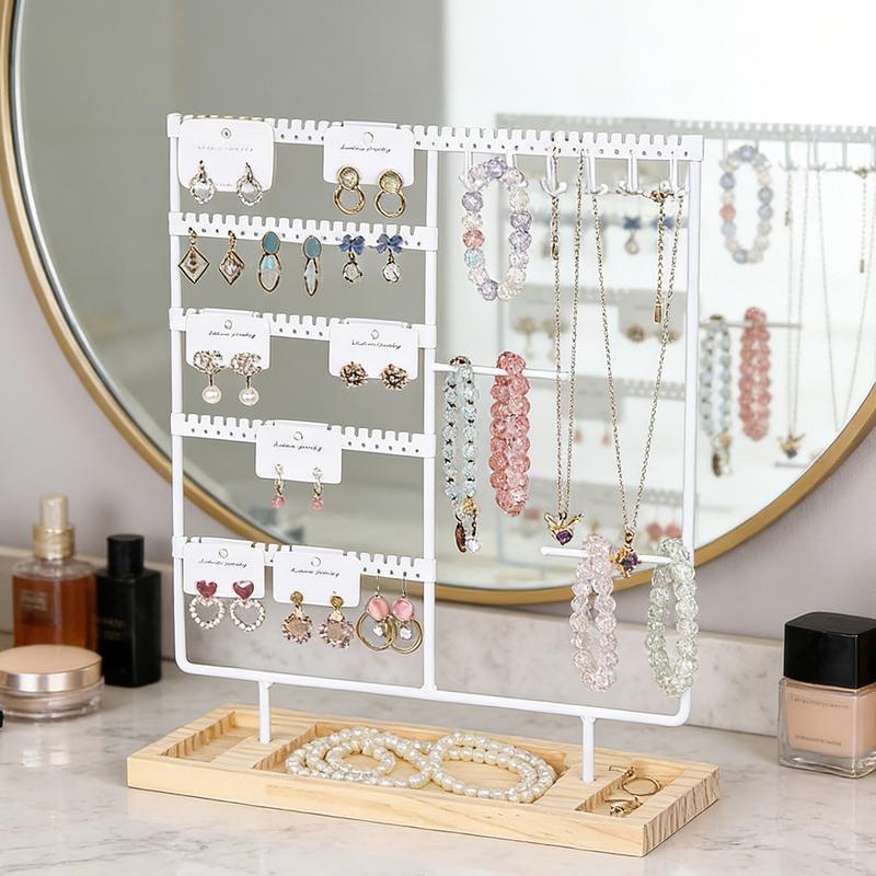Metal Jewelry Organizer Stand with Wooden Tray - Multi-Functional Storage for Earrings, Necklaces, Bracelets & Rings