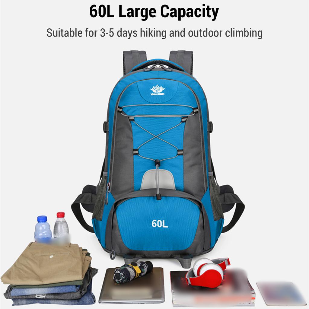 60L Hiking Backpack Travel Backpack with Anti-Splash Fabric Multi-Storage for Camping and Outdoor