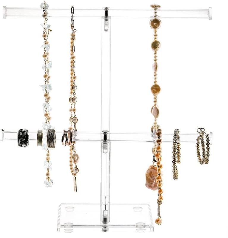 Акриловая подставка-дисплей для ободков 2-ярусная Т-образная стойка для ободков Организатор для подвешивания украшений для ожерелий Браслетов Серьг