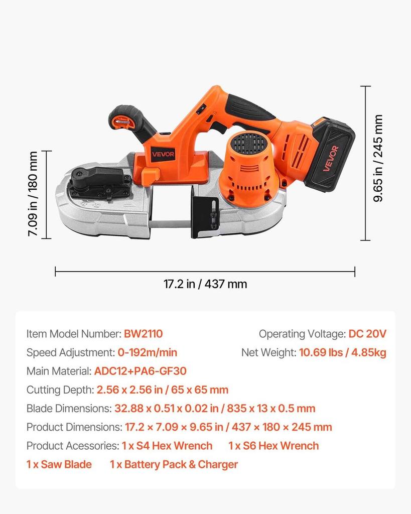 20V Portable Band Saw Kit, 65 x 65 mm Cutting Depth, AC 220V, 360W Bandsaw with Brushless Motor, 4.0 Ah Battery, Cordless and Compact Portaband, 0-192