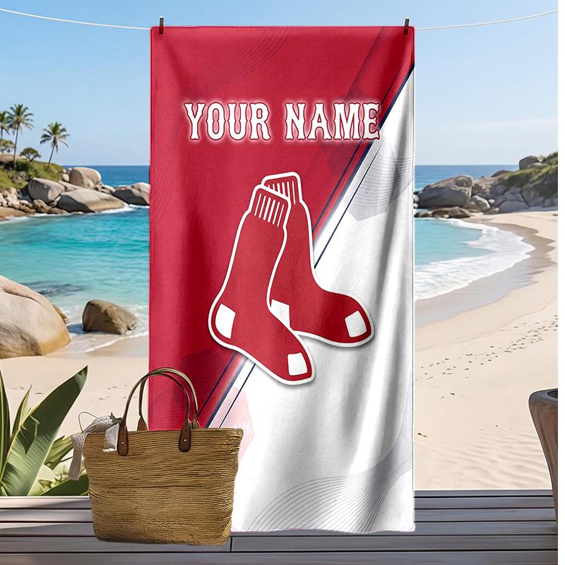 Boston Red Sox Custom Beach Towel, Print Your Name Text Lightweight Absorbent Towel for Swimming Travel