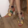 Chic Colorblock Lace-Up Heeled Sandals - Open Toe Design Strappy Chunky Heels for Evening Wear