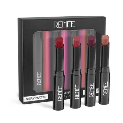RENEE Very Matte - Набор из 4 матовых помад, Интенсивная цветопередача, Полное покрытие, Стойкая, Невесомая, Бархатистая формула