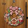 Seasonal Front Door Decor Gingerbread Man Wreath Wooden Sign for Door, Retro Christmas Hanging Plaque with Rustic Holiday Wall Candy Cane Bow