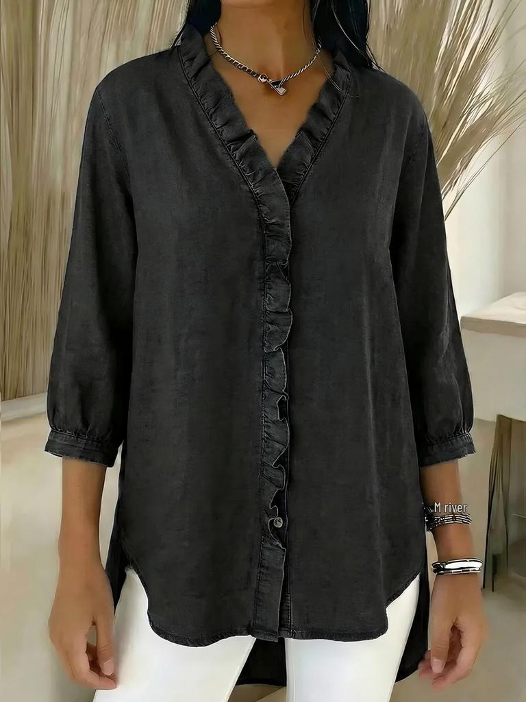 Женская повседневная блузка с V-образным вырезом и рюшами из искусственного денима, весна/лето 2026