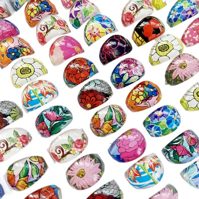 10 Pcs colorful cartoon floral pattern resin plastic children's ring ornaments