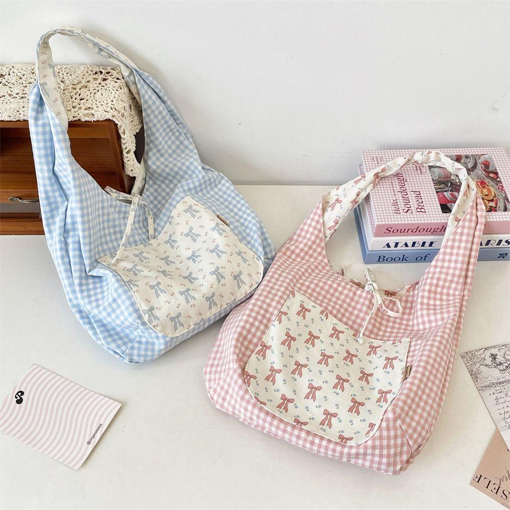 Fairy Bowknot Vest Bag Large Capacity Canvas Tote Bag Casual Floral Plaid Shoulder Bag  Outdoor