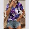 Summer Female Commuting Elegant V-neck Short Sleeved Purple Big Flower