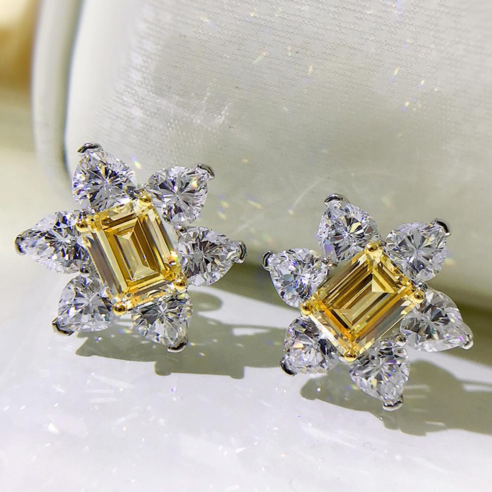 Yellow Cubic Zirconia Stud Earrings Aesthetic Flower Shaped Heart CZ Earrings Luxury Fashion Wedding Jewelry for Women
