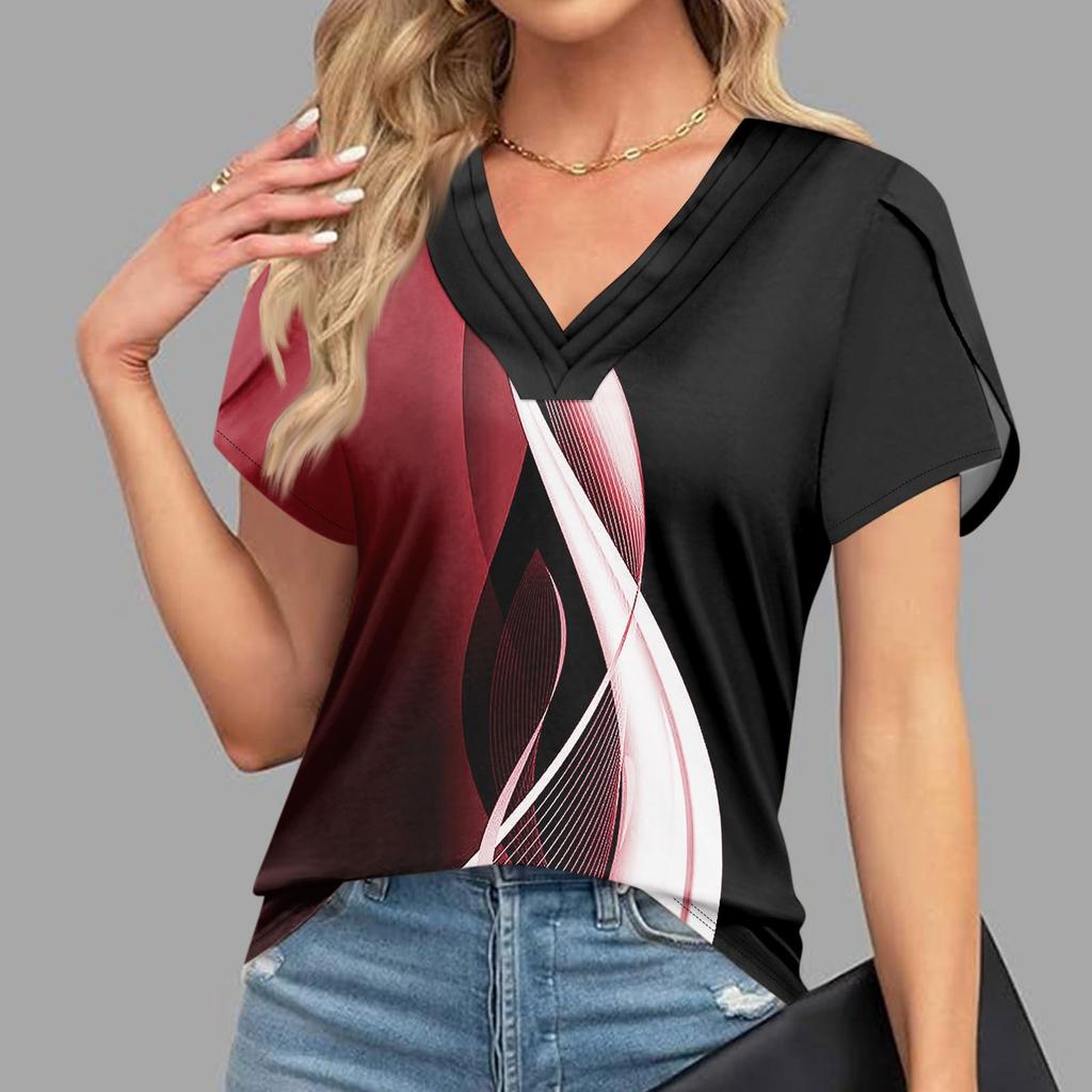 Blouses For Women Dressy Casual, Fashion Print Short Sleeve Retro Print T-Shirt Unique Design  V-Neck Oversized Tshirts