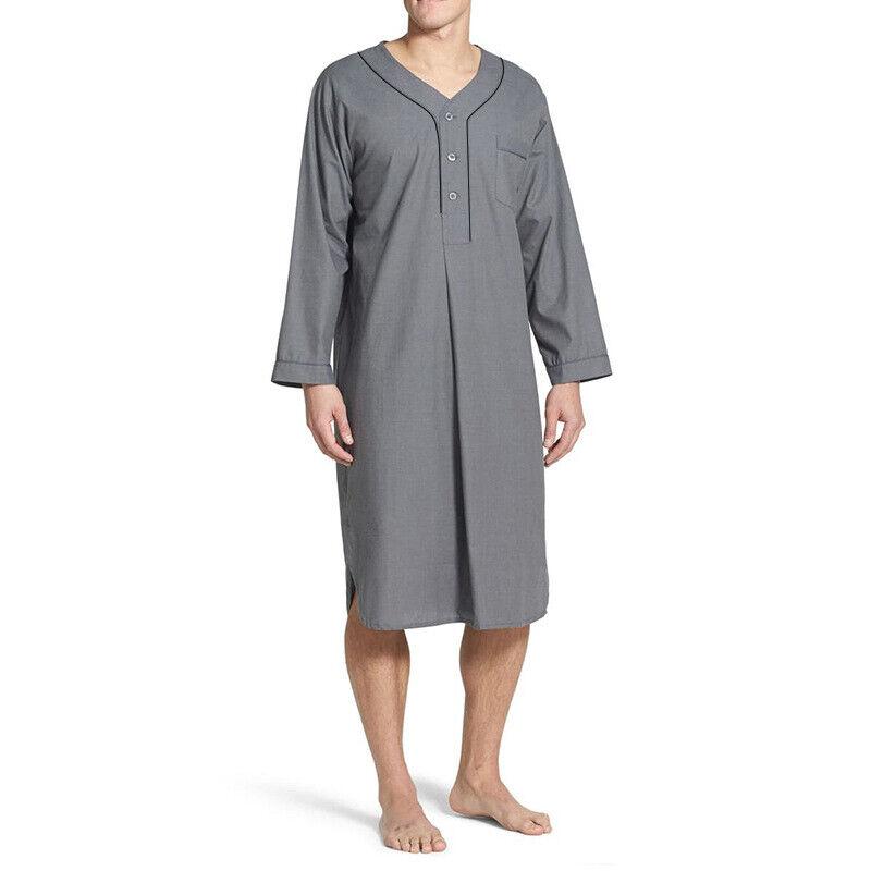 Men Kaftan Loose V Neck Long Sleeve Nightgown Pajamas Comfy Sleepwear Top Shirt Homewear Robe Casual Long Nightdress