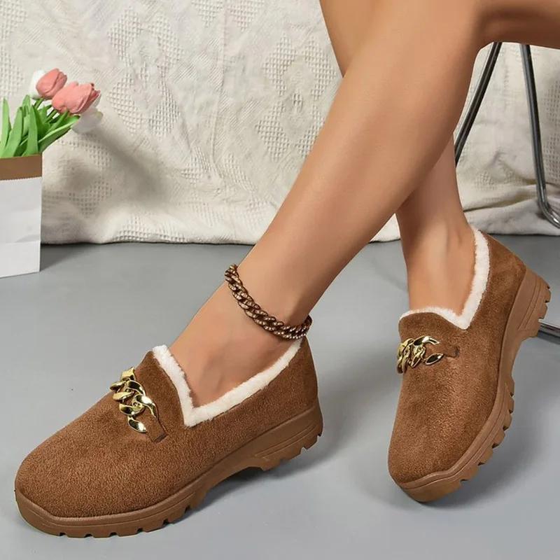 Модные туфли на плоской подошве с цепочным декором из толстого плюша для женщин 2024 года, зимняя удобная теплая повседневная обувь для женщин, однотонные лоферы с мягкой подошвой