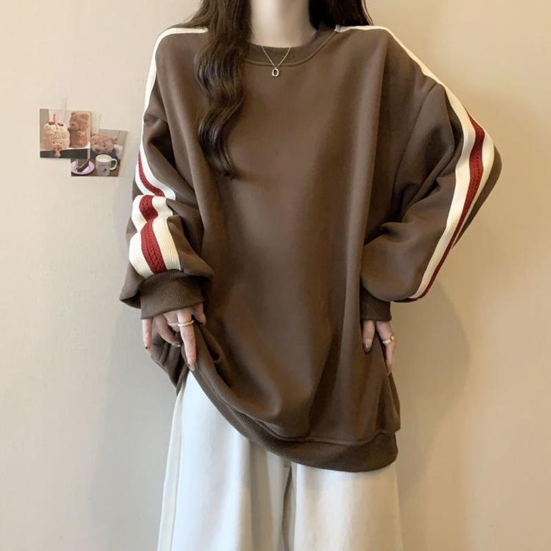 Свитшот для женщин, хлопковая свободная футболка большого размера с длинным рукавом, флисовая утолщенная удобная круглая горловина, повседневный пуловер, топ, свитшот