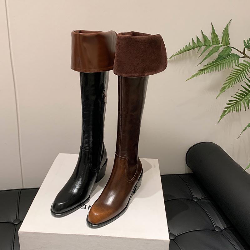 2025 New Sexy Skinny Legs Premium Cowhide Over Knee Boots Long Boots Pointed Middle Heel Side Zipper Full Leather Women's Boots