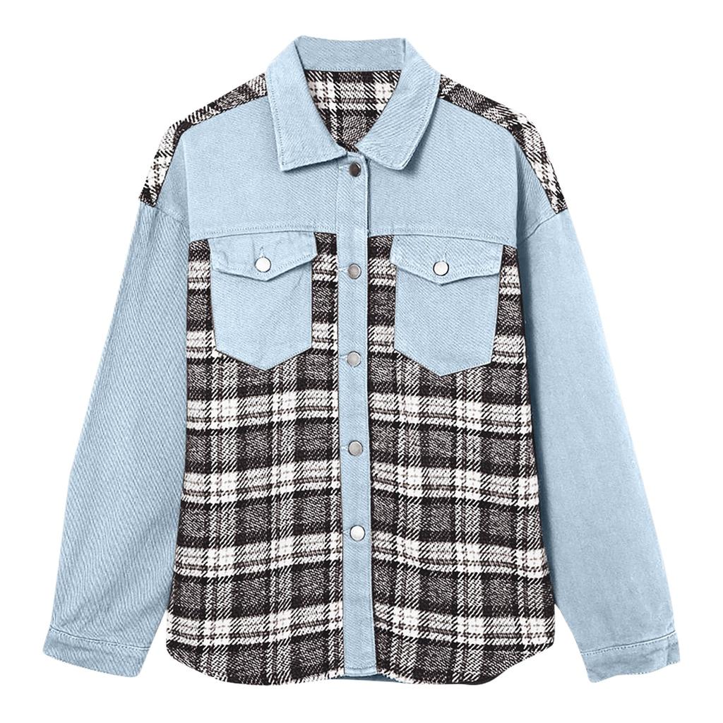 Женская куртка Джинсовая куртка с длинным рукавом в клетку Рубашка на пуговицах Куртка Топ